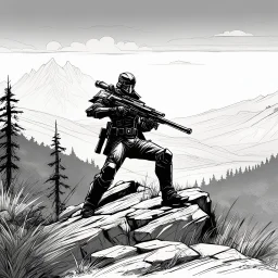 A Terminator as a sniper on a hill in the bush, his long rifle on a rock, ready to fire. Record of Lodoss War style, Linework: Expressive, expressive black ink line art with variable stroke weights. Crisp contours define silhouettes while fine hatching adds subtle depth and form.