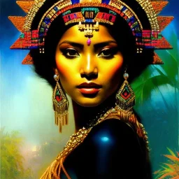 Drawing of beautiful face,busty Aztec Queen,sweet stare,aztec piramid,jungle,balanciaga fashion clothe painting by gaston bussiere, greg rutkowski, yoji shinkawa, yoshitaka amano, tsutomu nihei, donato giancola, tim hildebrandt, oil on canvas, cinematic composition, extreme detail,fit full head inside picture,16k