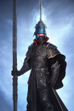 A commander with a matte black combat helmet and eyes with bright blue flaming pupils, a black cape and a long coat with long combat boots and a long, sharp and fiery spear and with his helmet under his cape and two blue flames instead of eyes