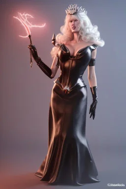 Claudia Schiffer as evil queen in leather gown, voluptuous, cleavage, stern, angry, emperious, cinematic, 8K, realistic, high definiton, unreal 5 engine, dramatic lightning, low key lightning