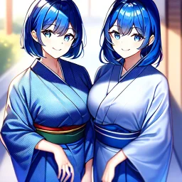 Clear focus,8k resolution, Blue hair, Blue eyes, smiling, Yukata clothes, Twins, Blue eyes,