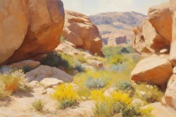 Sunny day, rocks, big rocks, vegetations, distant mountains, sci-fi, gustave caillebotte, and konstantin korovin paintings