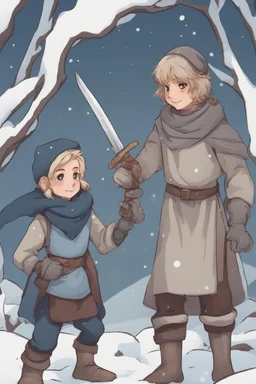 DnD style, two medieval peasant kids playing in the snow male and female, age 14 and 15, happy and playful, he has a short sword. She has a dark blue scarf.