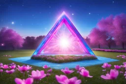 magic brightness triangle structure of light and bluebeam in a magic blue and pink lawn in a fairy cosmo, with lightness sky