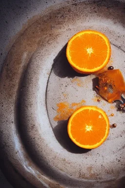 portrait, an orange with a clock embedded in its rind, AbstractTech clockpunk, Food photography, beautiful, delicious food, recipe photography, realistic, natural light, colorful, food art, object photography, vignette, ultra HD