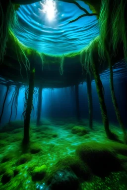 the inside of a well. i´m under the water and looking up at the well. Everything is blue light and surrounded by long seaweed