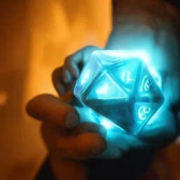 Dungons and dragons, twilight cleric, holding aloft a glowing D20,bluish gold light emanating from D20, hyperrealism,unreal engine,cinamatic lighting,post processing