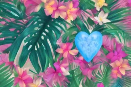 Tropical flowers, realistic heart drawing, crystals, tropical leaves, sacred altar, Fantasy home, cute animal.