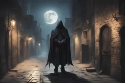 shady cloaked dealer dnd in a dark alley street under the moon, surreal fantasy