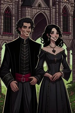 Strahd von Zarovich smiling, dressed in black and Ireena Kolyana frowning, wearing a wedding dress standing outside Castle Ravenloft in the illustrated style of dungeons and dragons