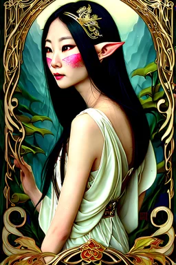 Art Nouveau art style A beautiful as a model asian woodland elf princess who looks like a young Lucy Liu seated on a throne in a mystical forest, photo-realistic