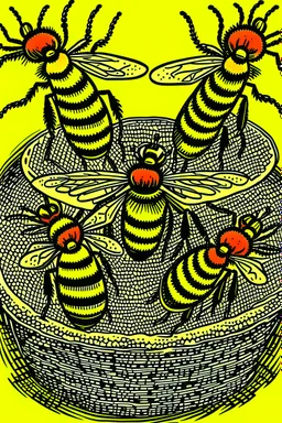 Vintage pop art style of bees on a pot of honey