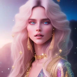 white woman glitter smiling long blond hair blue eyes in a galactic ambiance, delicate colors in the foreground, full of details, smooth, light effect，vaporwave colorful, smooth, extremely sharp detail, finely tuned detail, ultra high definition, 8 k, ultra sharp focus