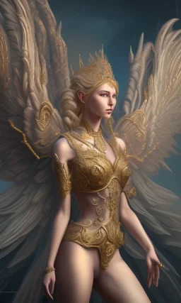 Female angel with beautiful perfect face big wings and golden crown floating above the ground in the dark enviroment, anatomically correct, michelangelo style, detailed, world of warcraft style, dark forest, trees, painting, brush strokes, 8k, dark forest in the background, epic scene, epic painting