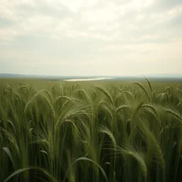 Melancholic, ultra-realistic photograph of a vast barley field swaying gently in the wind, delicate green stalks moving like waves, soft light of a cloudy sky, subtle haze in the distance, a lonely river glimmers faintly between the fields, atmosphere of quiet sadness and timeless beauty, cinematic, hyper-detailed, emotional and mesmerizing