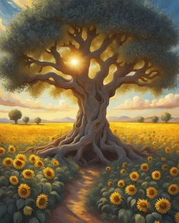 an ancient olive tree in the center of a sunflower field in in impasto style , golden light hour, blue sky full of cotton clouds, simple, peacefull, hyperrealistic --style raw --stylize 750 Modifiers: elegant 8k oil on canvas cinematic lighting very attractive beautiful dynamic lighting fantastic view close up Unreal Engine cinematic postprocessing acrylic art Surrealism Impressionist luminism Craig Rutkowski Tesselated 8k beautiful cinematic lighting elegant very attractive oil on canvas beauti