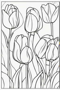 flowers coloring page for kids, tulip, cartoon style, thick outline, low details, no shading, no color