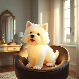 Generate image: A macro 3D render of a cute, lovely wooly white black dog,made of Translucent glossy jelly material, soft gelatinous appearance, smooth rounded surface, realistic subsurface scattering, internal light diffusion, subtle volumetric translucency, wet polished highlights, slightly reflective surface, soft rubbery-plastic texture, vibrant neon color, physically based shader, studio lighting, high-end CGI render.on a chair in a luxury bedroom next to makeup desk next to a open window
