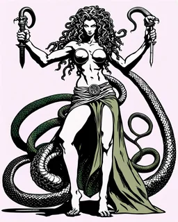 detailed persona, female, sword in hand, gorgon medusa, half turn, full height, leans on one leg, snakes on the head instead of hair