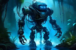 Robot with a weapon made of water. Make the robot look like a hybrid of alien with tentacles and mechanical parts, head is of a human making it look like it's riding the mech suit. With hands growing out of it, eyes have smoke coming out of it with a background of a Jungle with Mayan pyramids in Blue ambiance. make it an oil painting texture.