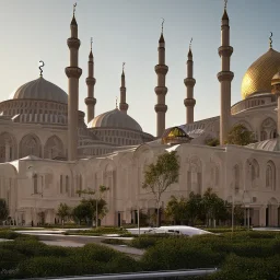 landscape, a mosque, a future city, an outside view, and cinematic.