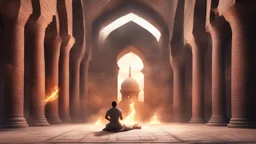 Hyper Realistic back-view of few throwing-sword on a man praying namaz in prehistoric-ancient-brick-mosque-with-ancient-islamic-architectural-patterns-crafted & flame-torches-on-wall showing dramatic & cinematic ambiance