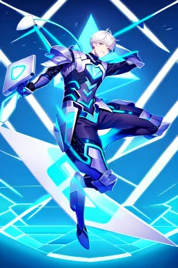 neon blue, flying parts of armor in form of triangles, cyber armor, geometric patterns on armor, male, orbiting triangle