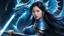 (mysterious:1.3), ultra-realistic mix fantasy,(1 giant eastern dragon:1.3) behind an asian woman holding a glowing sword,void energy diamond sword, in the style of dark azure and light azure, mixes realistic and fantastical elements, vibrant manga, uhd image, glassy translucence, vibrant illustrations, ultra realistic, long hair, straight hair, light purple hair,head jewelly, jewelly, shawls,light In eyes, red eyes, portrait, firefly, bokeh, mysterious, fantasy, cloud, abstract,