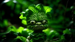 A photograph of a creature resembling a fusion of a small humanoid and fresh green lettuce leaves. Its head is adorned with large lettuce leaves mimicking hair. Wide, round eyes show curiosity and its skin has leafy patterns. Limbs and torso look like lettuce stalks. Set against a green bokeh background with a garden hint, ambient light highlights its textures.