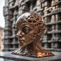 giger escher mind flawyer sculpture in transparent bronze murano glass in front of stone wall,bokeh like f/0.8, tilt-shift lens 8k, high detail, smooth render, down-light, unreal engine,bokeh like f/0.8, tilt-shift lens 8k, high detail, smooth render, down-light, unreal engine