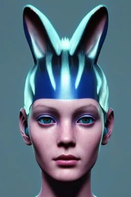 Medium Close Up Portrait, Front image. cyberpunk, rabbit mask, teenager woman, blue hair. latex suit. Pink, silver, blue, color. Dior style. Color background, photo studio. highly detailed, concept art, smooth, unreal engine 5, ray tracing, RTX, lumen lighting, ultra detail, volumetric lighting, 3d, finely drawn, high definition, high resolution.