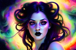 Beautiful goth girl in a photorealistic portrait style in front of a swirling psychedelic cosmic galaxy background with multicolor lights and swirls