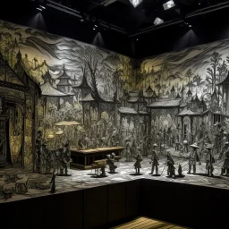 A gray chaotic casino of gloom designed in Javanese shadow puppets painted by Vincent van Gogh