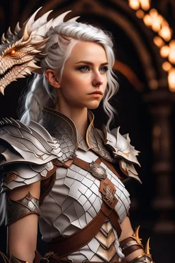 photography taken by canon eos r5, stunning fullbody d&d character art, Female half brass dragon half human. paladin. White hair, grey eyes, angular face. Put dragon scales on her face and neck and small horns, wears very look good outfit, standing, Detailed face, beautiful eyes and hair, flawless bright skin, soft makeup and draw thin eyebrows, Human-like eyes, good anatomy, Perfect white balance, Sun lighting, rim lighting uhd, (art by norman rockwell), prime photography, smooth crisp line qu