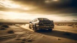 Capture a cinematic wide-angle shot featuring a 1998 Honda Civic racing through a post-apocalyptic desert road during a sandstorm. Embrace a post-apocalyptic photography style for a realistic yet dramatic atmosphere, emphasizing the importance of achieving a cinematic look. Depict the Honda Civic as resilient in this transformed world, navigating the harsh desert conditions and swirling sandstorm with speed and intensity.