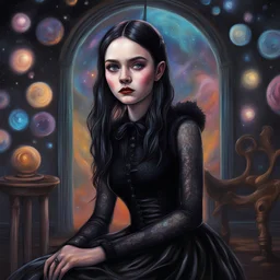 oil brush painting of a character that looks like Wednesday Adams. Wearing a black dress and black boots. Beautiful, stunning, spectacular, 8k resolution holographic astral cosmic illustration mixed media by Pablo Amaringo