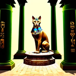 Cubism iridescent 3D-shaded Egyptian abstract art in Morris Hirshfield's richly textured style on weathered parchment. Engraved Egyptian glyphs. Highly detailed. (Bastet, the Egyptian cat goddess, sitting on a pedestal in a complex, detailed temple room, in front of beautifully decorated pillars adorned with Egyptian glyphs, and ankhs, on a noble, tiled floor. The cat wears tattoos, and her body is adorned with precious gold and lapis lazuli jewelry.) palm trees, more cats in soft focus backgrou