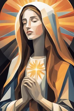 A stylized portrait drawing of colored tiles of Mary the mother of Jesus with long hair, wearing a white veil and surrounded by a geometric halo of rays of light against a dark background- cubism style