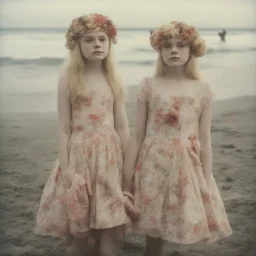 Elle fanning and dakota fanning as flowers, on the beach, autochrome