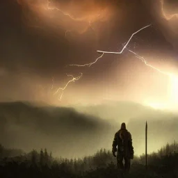 doom scenary. Heavy rain. Epic Lighting in the sky. Knight with a sword. Falling object from the sky. Meteorite burning in the distance.