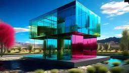 Futuristic house built from colored glass parallelepipeds, each designated for a different use. Sleek design with dazzling reflections and a natural setting that enhances its vibrant hues.