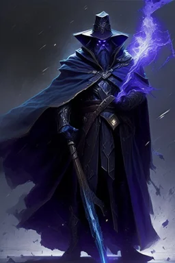 Thanos is the god of power and evil The commander wears a black cloak and a long coat with long combat boots and a long spear with a hat under his cloak with blue flame eyes, a sword like a spear