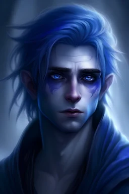 blue violet hair, blue eyes, pale, dark background, fog, elf, fantasy, male, soft facial features, gentle sad smile