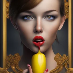 A young woman’s face while she puts a banana in her mouth