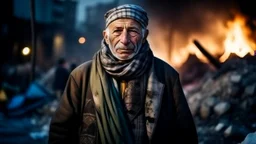 Palestinian old man wears the keffiyeh , Carrying a small city ,at winter , Destroyed Buildings , with a Explosions, at night