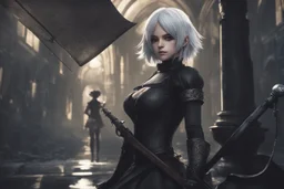 Beautiful 2B with blindfoldin 8k nier automata artstyle, 2B them, 2B Custom, blindfold, close picture, rain, fantasy world, intricate details, highly detailed, high details, detailed portrait, masterpiece,ultra detailed, ultra quality