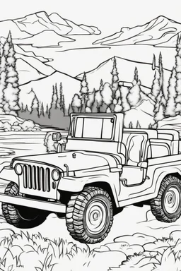 coloring page for kids, ARMY JEEP, thick outline, low details, no shading, no color