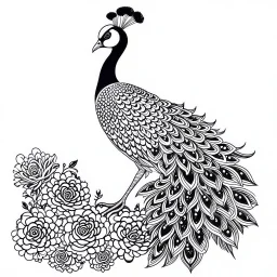 white, A peacock and rose, line art, white background, outline, with images neatly contained within the background, just black and white color, full body, no color. Front view. Aest4tic