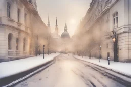 Budapest in the snow in the sunshine, watercolor and black ink outlines, sparkling golden glitter, ethereal, cinematic postprocessing, bokeh, dof