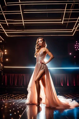 full-body closeup shot of a young, beautiful girl with a perfect face and makeup,wearing pretty dance dress standing in a stage of a luxury disco stage with perfect lights